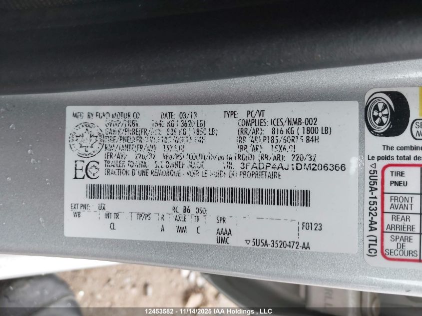 2013 Ford Fiesta S VIN: 3FADP4AJ1DM206366 Lot: 12453582