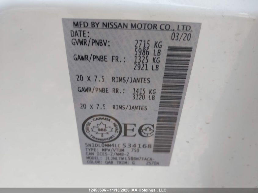 2020 Infiniti Qx60 Essential/Limited Edition/Proactive/Pure/Sensory/Signature Edition VIN: 5N1DL0MM4LC534168 Lot: 12453596