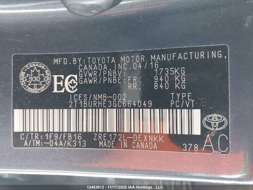 2016 Toyota Corolla Le VIN: 2T1BURHE3GC664049 Lot: 12453612