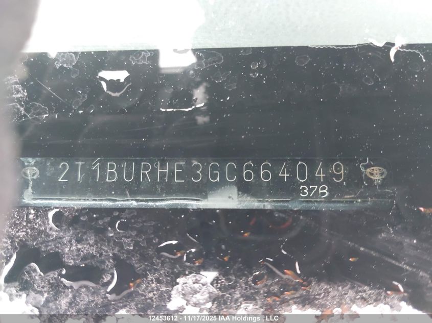 2016 Toyota Corolla Le VIN: 2T1BURHE3GC664049 Lot: 12453612