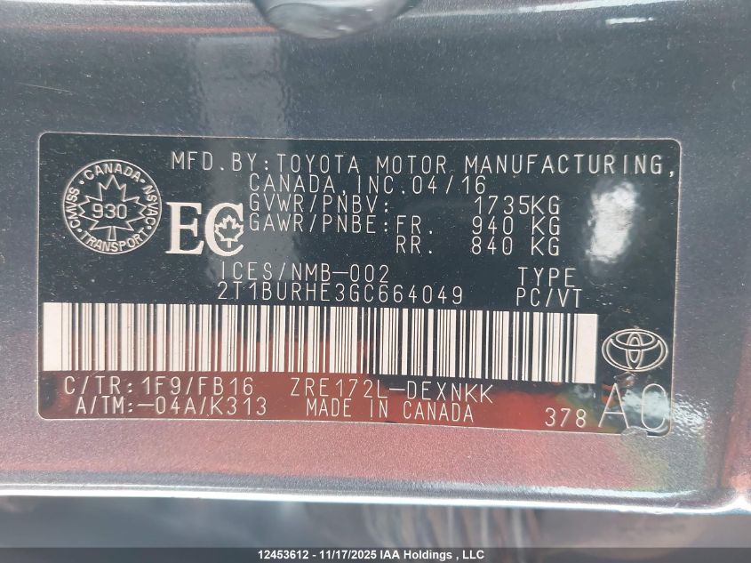 2016 Toyota Corolla Le VIN: 2T1BURHE3GC664049 Lot: 12453612