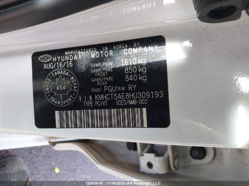 2017 Hyundai Accent Se VIN: KMHCT5AE8HU309193 Lot: 12453616