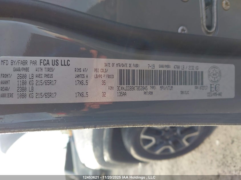 2019 Jeep Compass Trailhawk VIN: 3C4NJDDB9KT853945 Lot: 12453621