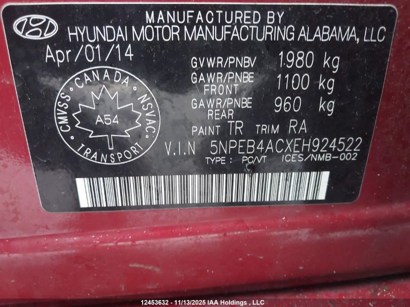 2014 Hyundai Sonata Gls VIN: 5NPEB4ACXEH924522 Lot: 12453632