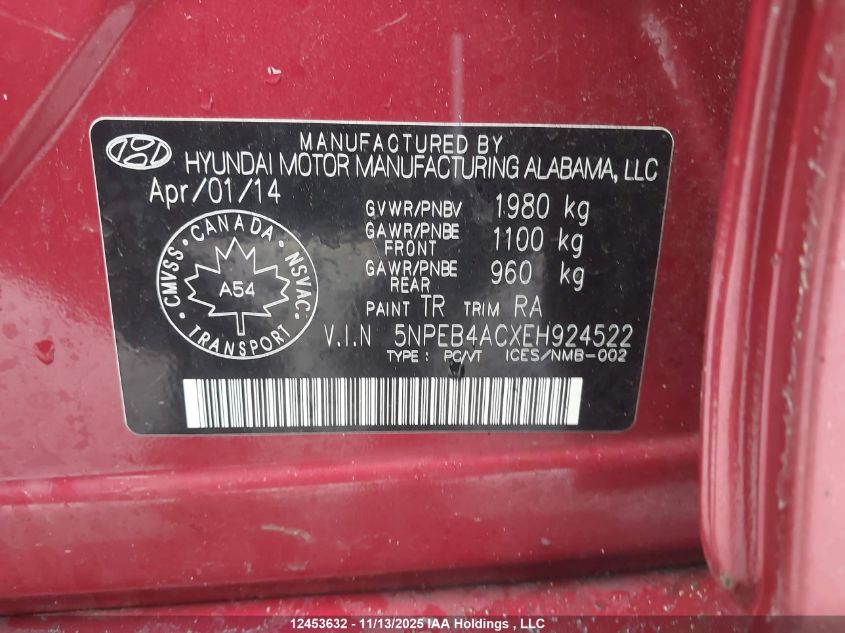 2014 Hyundai Sonata Gls VIN: 5NPEB4ACXEH924522 Lot: 12453632