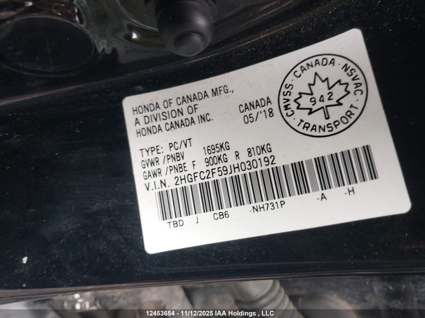 2018 Honda Civic Lx VIN: 2HGFC2F59JH030192 Lot: 12453654