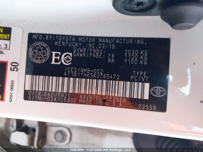 2019 Toyota Camry Le VIN: 4T1B11HK5KU765472 Lot: 12453655