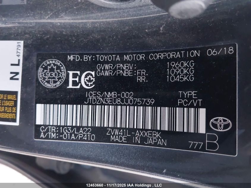 2018 Toyota Prius V VIN: JTDZN3EU8JJ075739 Lot: 12453660