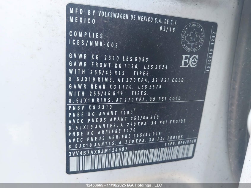 2018 Volkswagen Tiguan Highline VIN: 3VV4B7AX9JM124607 Lot: 12453665