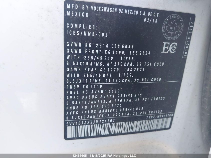 2018 Volkswagen Tiguan Highline VIN: 3VV4B7AX9JM124607 Lot: 12453665