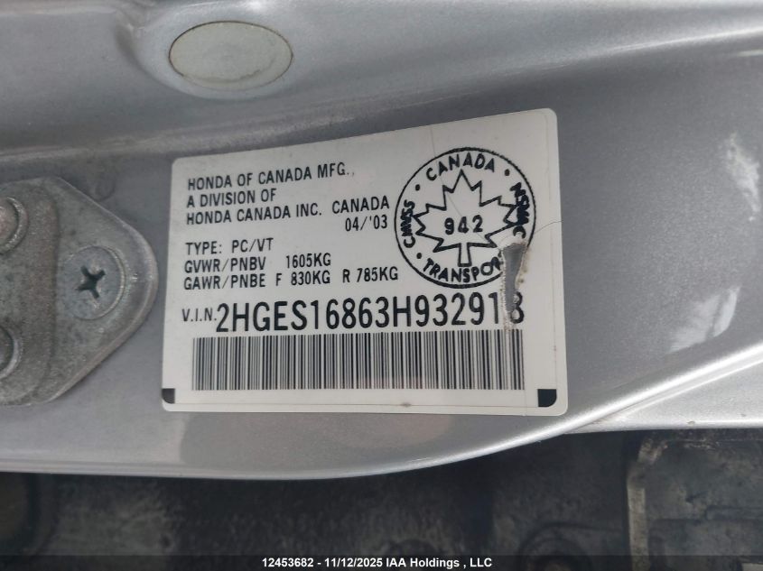 2003 Honda Civic Lx VIN: 2HGES16863H932918 Lot: 12453682