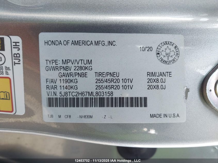 2021 Acura Rdx A-Spec VIN: 5J8TC2H67ML803158 Lot: 12453702