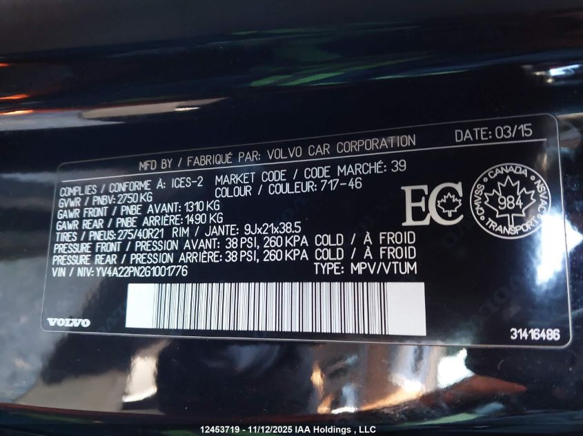 2016 Volvo Xc90 T6 First Edition VIN: YV4A22PN2G1001776 Lot: 12453719