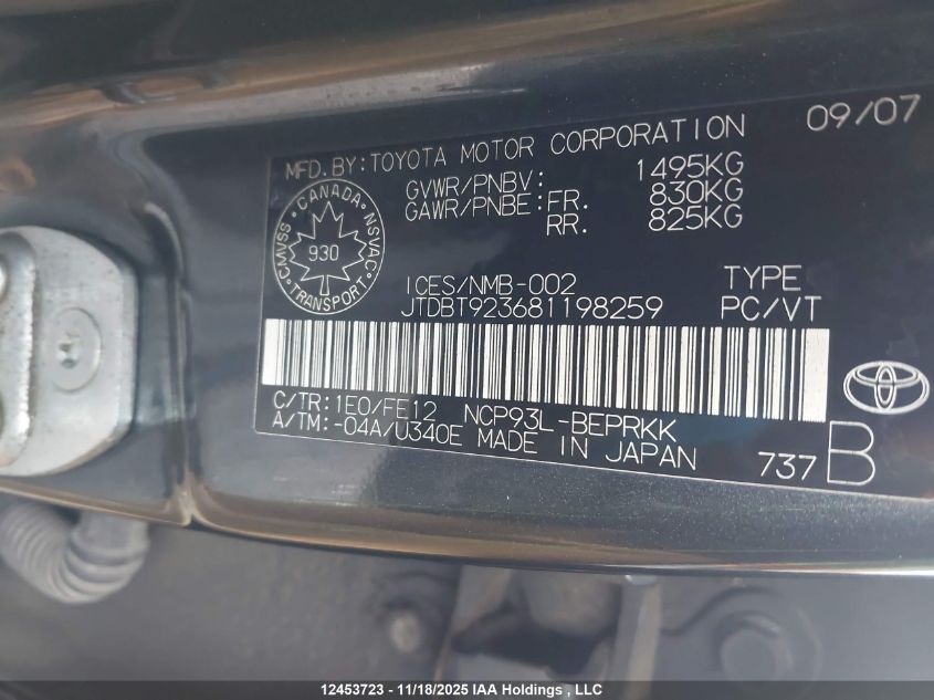 2008 Toyota Yaris VIN: JTDBT923681198259 Lot: 12453723