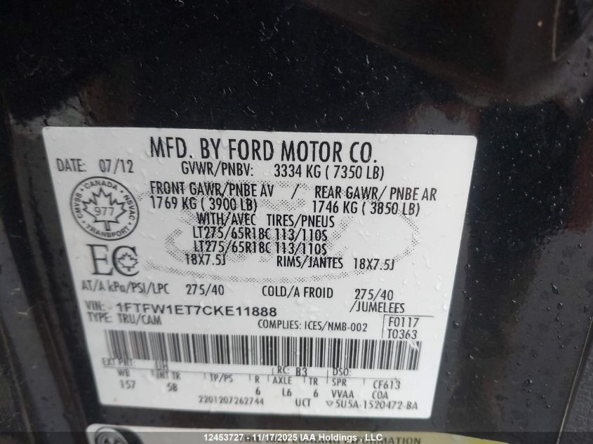 2012 Ford F-150 Fx4 VIN: 1FTFW1ET7CKE11888 Lot: 12453727