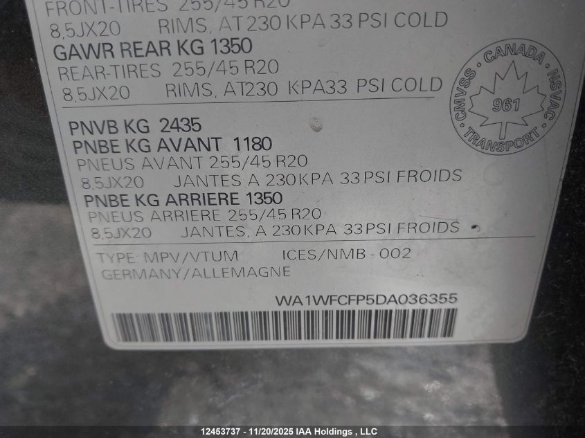 2013 Audi Q5 2.0T Premium Plus VIN: WA1WFCFP5DA036355 Lot: 12453737