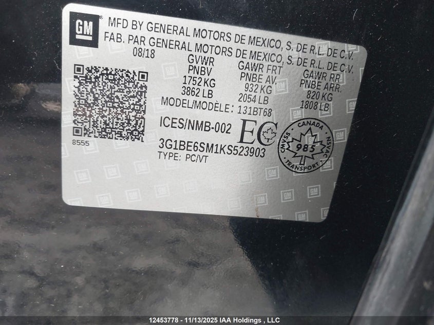 3G1BE6SM1KS523903 2019 CHEVROLET CRUZE photo no. 9