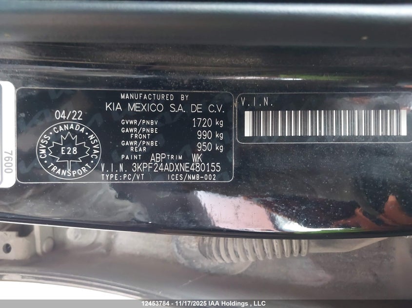 2022 Kia Forte Fe/Lxs VIN: 3KPF24ADXNE480155 Lot: 12453784