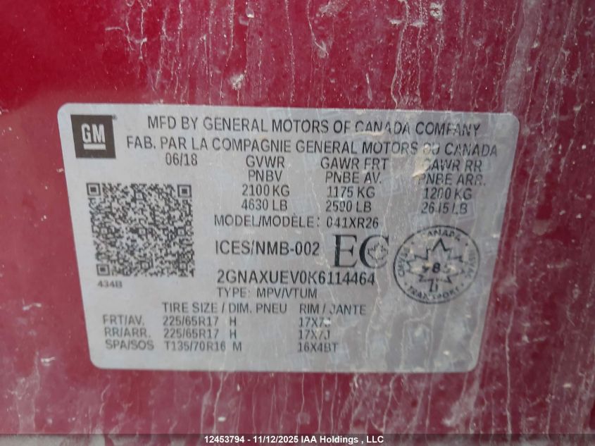 2019 Chevrolet Equinox VIN: 2GNAXUEV0K6114464 Lot: 12453794