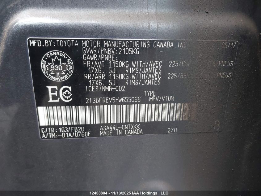 2017 Toyota Rav4 Le VIN: 2T3BFREV5HW655066 Lot: 12453804