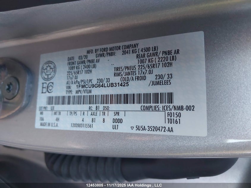 1FMCU9G64LUB31425 2020 FORD ESCAPE photo no. 9