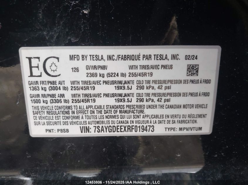2024 Tesla Model Y Long Range VIN: 7SAYGDEEXRF019473 Lot: 12453806