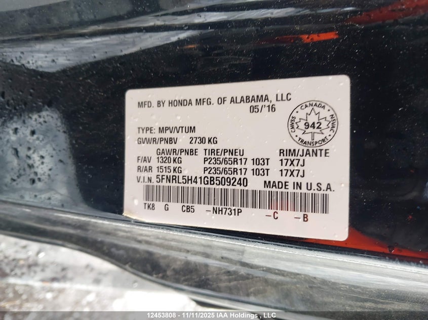 5FNRL5H41GB509240 2016 HONDA ODYSSEY photo no. 9
