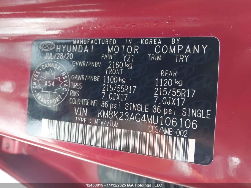 2021 Hyundai Kona Electric Preferred With Two-Tone Roof VIN: KM8K23AG4MU106106 Lot: 12453815