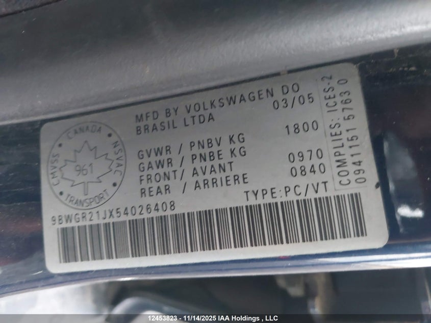 2005 Volkswagen Golf VIN: 9BWGR21JX54026408 Lot: 12453823