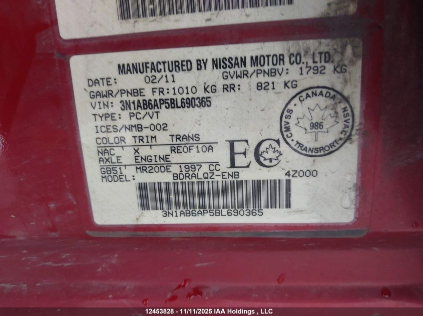 2011 Nissan Sentra 2.0/2.0S/Sr/2.0Sl VIN: 3N1AB6AP5BL690365 Lot: 12453828