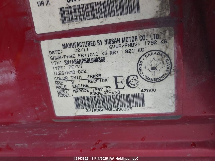 2011 Nissan Sentra 2.0/2.0S/Sr/2.0Sl VIN: 3N1AB6AP5BL690365 Lot: 12453828