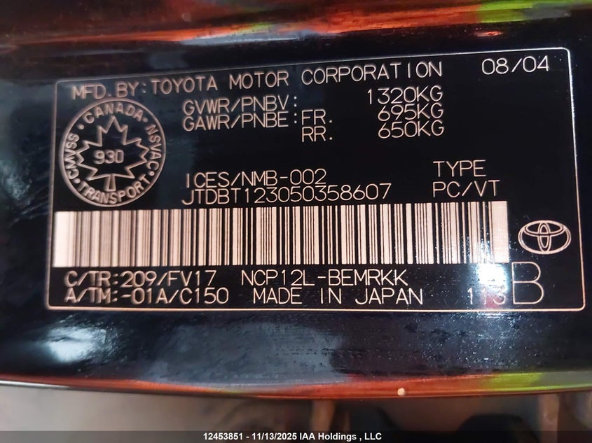 JTDBT123050358607 2005 TOYOTA ECHO photo no. 9