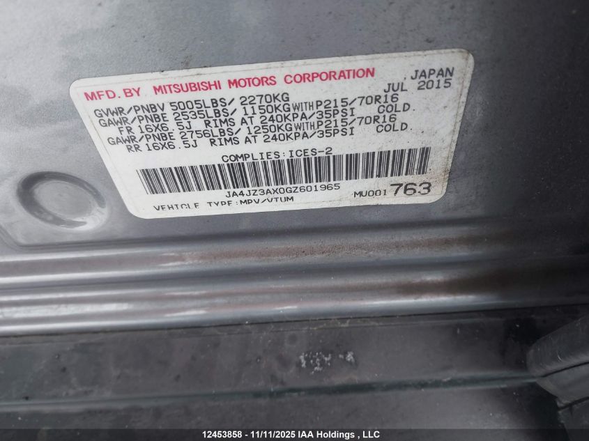 2016 Mitsubishi Outlander Se VIN: JA4JZ3AX0GZ601965 Lot: 12453858
