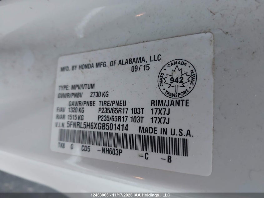 5FNRL5H6XGB501414 2016 HONDA ODYSSEY photo no. 9