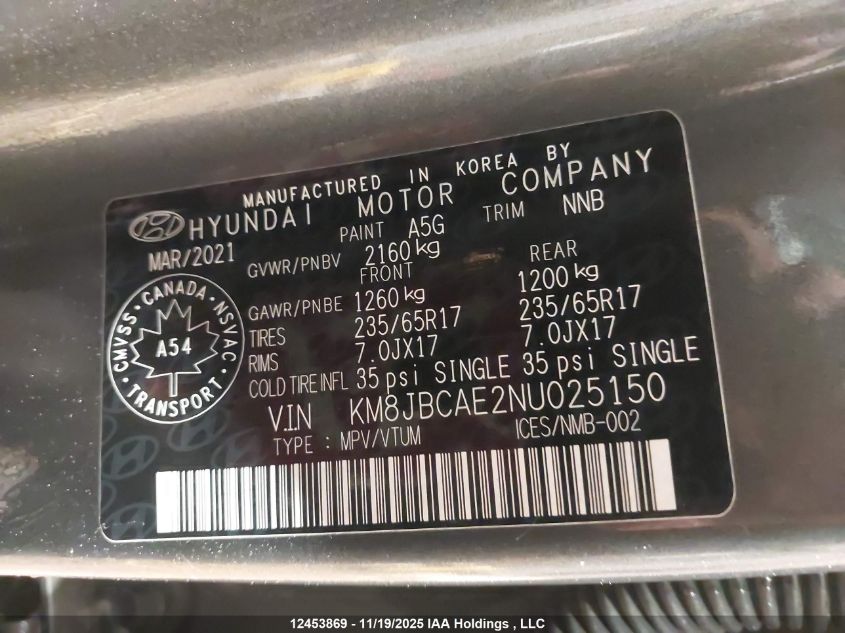 2022 Hyundai Tucson Preferred Awd VIN: KM8JBCAE2NU025150 Lot: 12453869