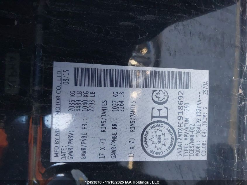 2015 Nissan Rogue S/Sv VIN: 5N1AT2MTXFC918692 Lot: 12453870