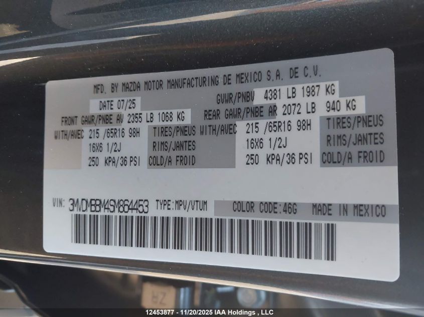 2025 Mazda Cx-30 Gx VIN: 3MVDMBBM4SM864453 Lot: 12453877