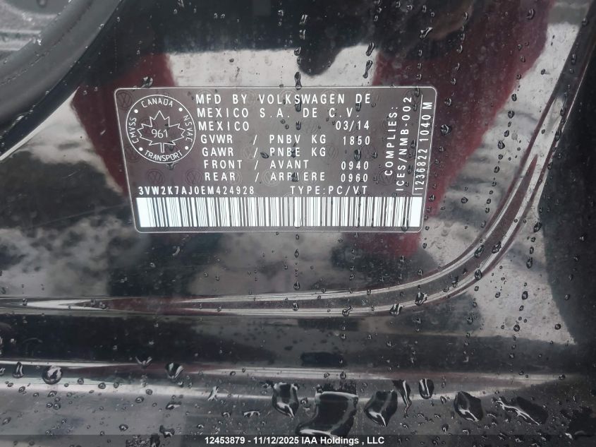 2014 Volkswagen Jetta VIN: 3VW2K7AJ0EM424928 Lot: 12453879