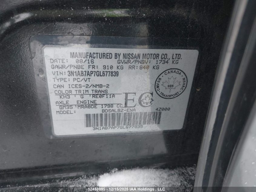 2016 Nissan Sentra VIN: 3N1AB7AP7GL677839 Lot: 12453895