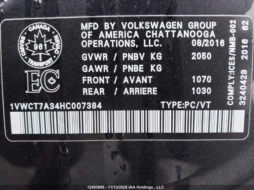 2017 Volkswagen Passat 1.8 Tsi Highline VIN: 1VWCT7A34HC007384 Lot: 12453905