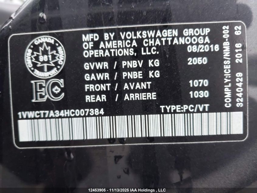 2017 Volkswagen Passat 1.8 Tsi Highline VIN: 1VWCT7A34HC007384 Lot: 12453905