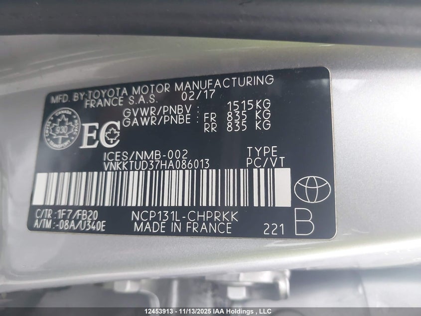 VNKKTUD37HA086013 2017 TOYOTA YARIS photo no. 9