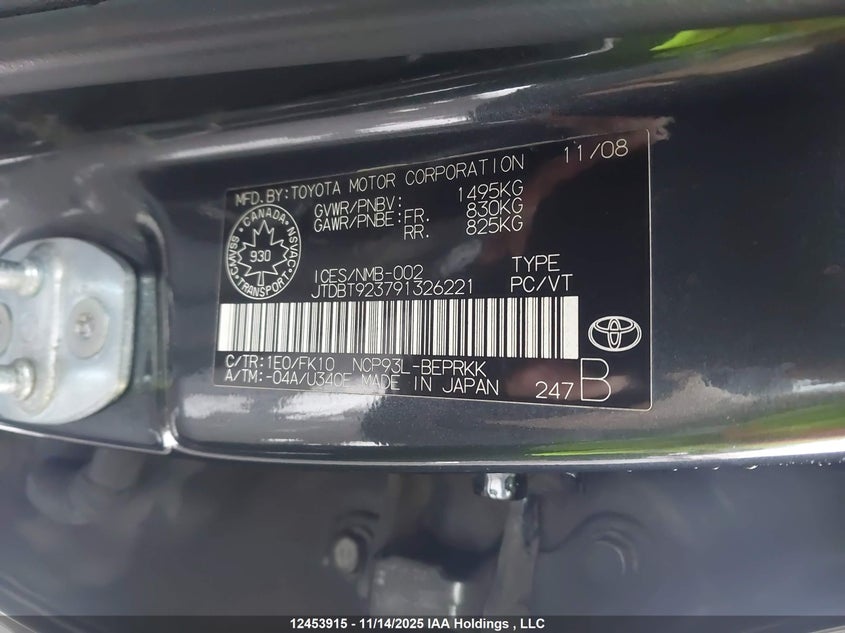 2009 Toyota Yaris VIN: JTDBT923791326221 Lot: 12453915