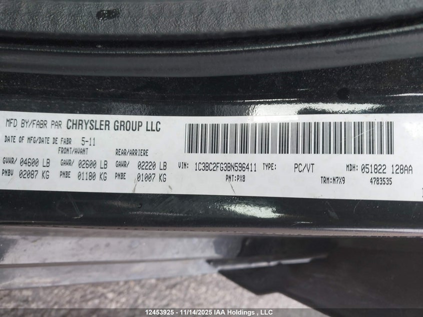 2011 Chrysler 200 VIN: 1C3BC2FG3BN596411 Lot: 12453925