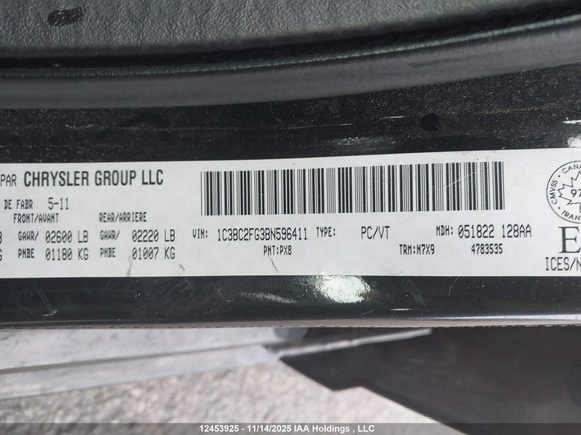 2011 Chrysler 200 VIN: 1C3BC2FG3BN596411 Lot: 12453925