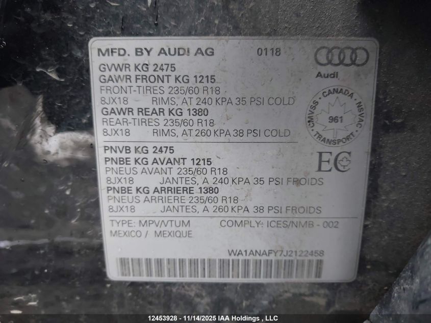 2018 Audi Q5 2.0T Komfort VIN: WA1ANAFY7J2122458 Lot: 12453928