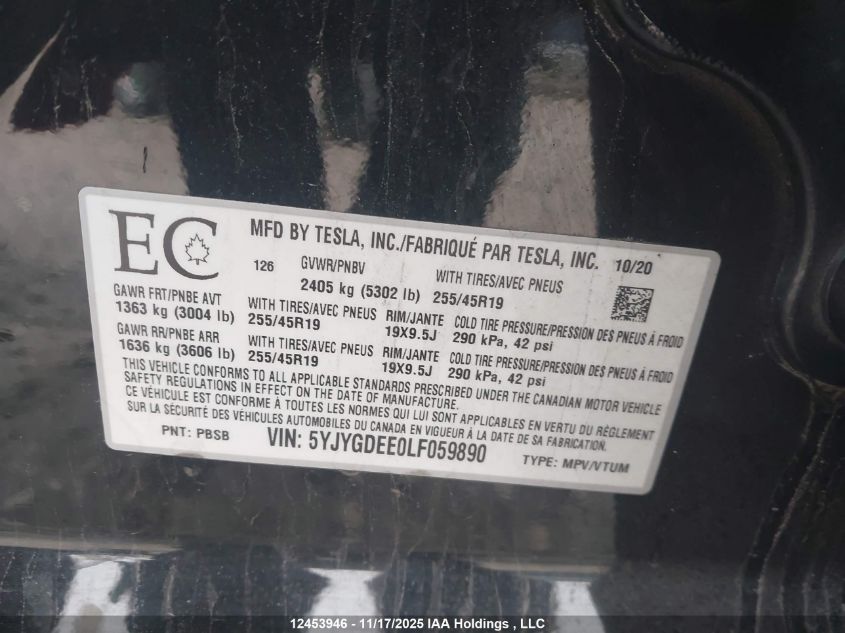2020 Tesla Model Y Long Range VIN: 5YJYGDEE0LF059890 Lot: 12453946