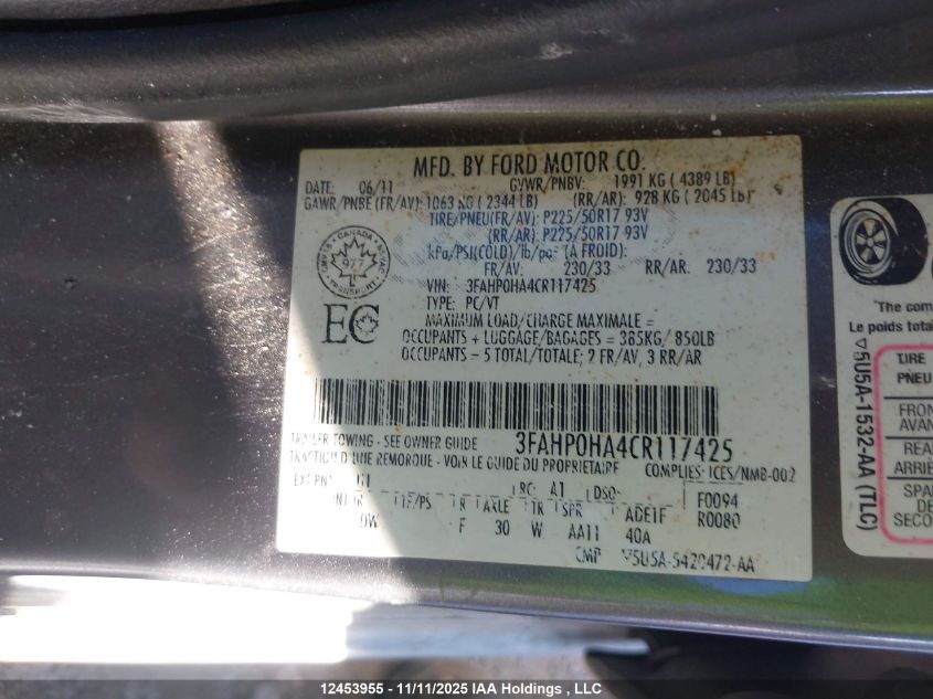 2012 Ford Fusion Se VIN: 3FAHP0HA4CR117425 Lot: 12453955