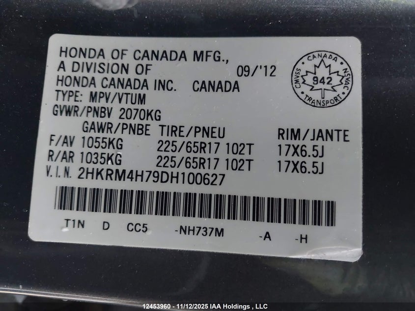 2013 Honda Cr-V Exl VIN: 2HKRM4H79DH100627 Lot: 12453960