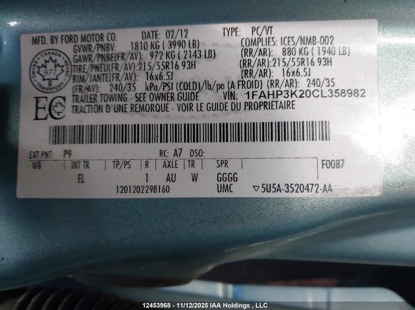 2012 Ford Focus Se VIN: 1FAHP3K20CL358982 Lot: 12453968